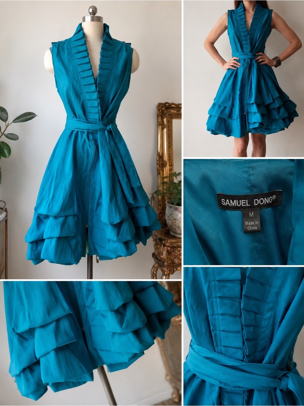 Samuel Dong Teal Turquoise Ruffle Bubble Hem Dress Belted Avant Garde Medium